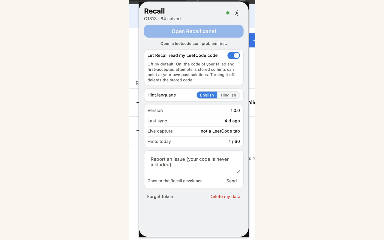 The Recall popup: open panel button, the code-sharing toggle, hint language, version and sync rows, and delete my data.
